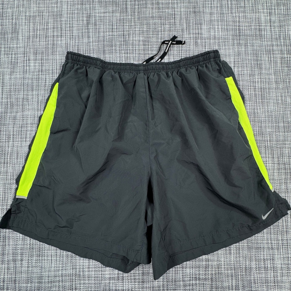 Nike Dri-FIT Mens Running Shorts XL Gray Neon Yellow Lined Drawstring Athletic